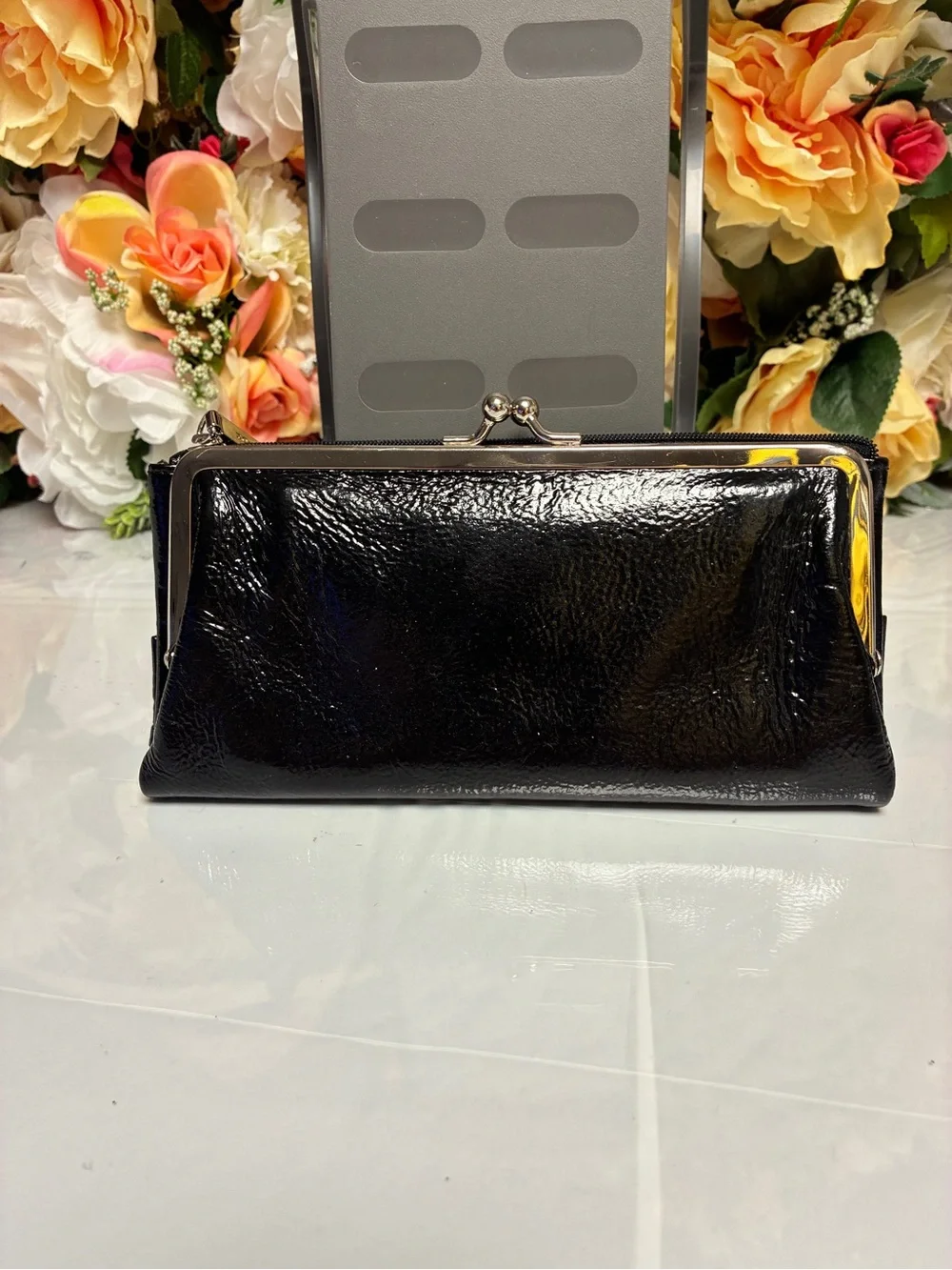 HOBO International Black Patent Finish Bow Kiss Lock Continental Wallet Clutch